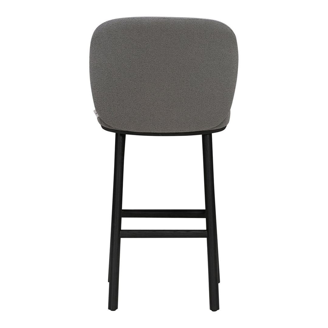 Grey upholstered bar stool with a sleek black metal frame, featuring a smooth, minimalist design.