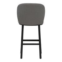 Grey upholstered bar stool with a sleek black metal frame, featuring a smooth, minimalist design.