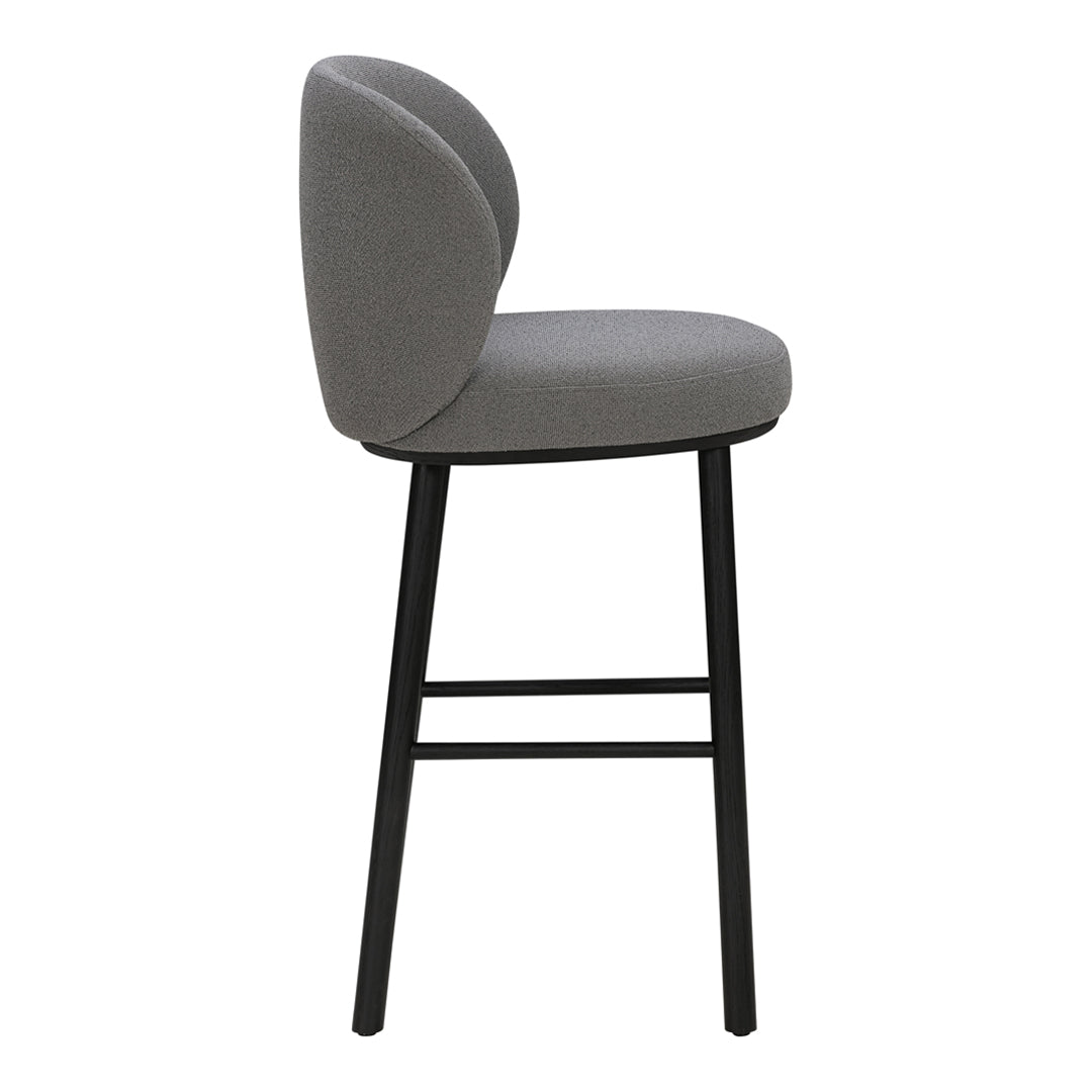 Gray upholstered bar stool with a curved back and black wooden legs. Sleek, modern design with minimalistic appeal.