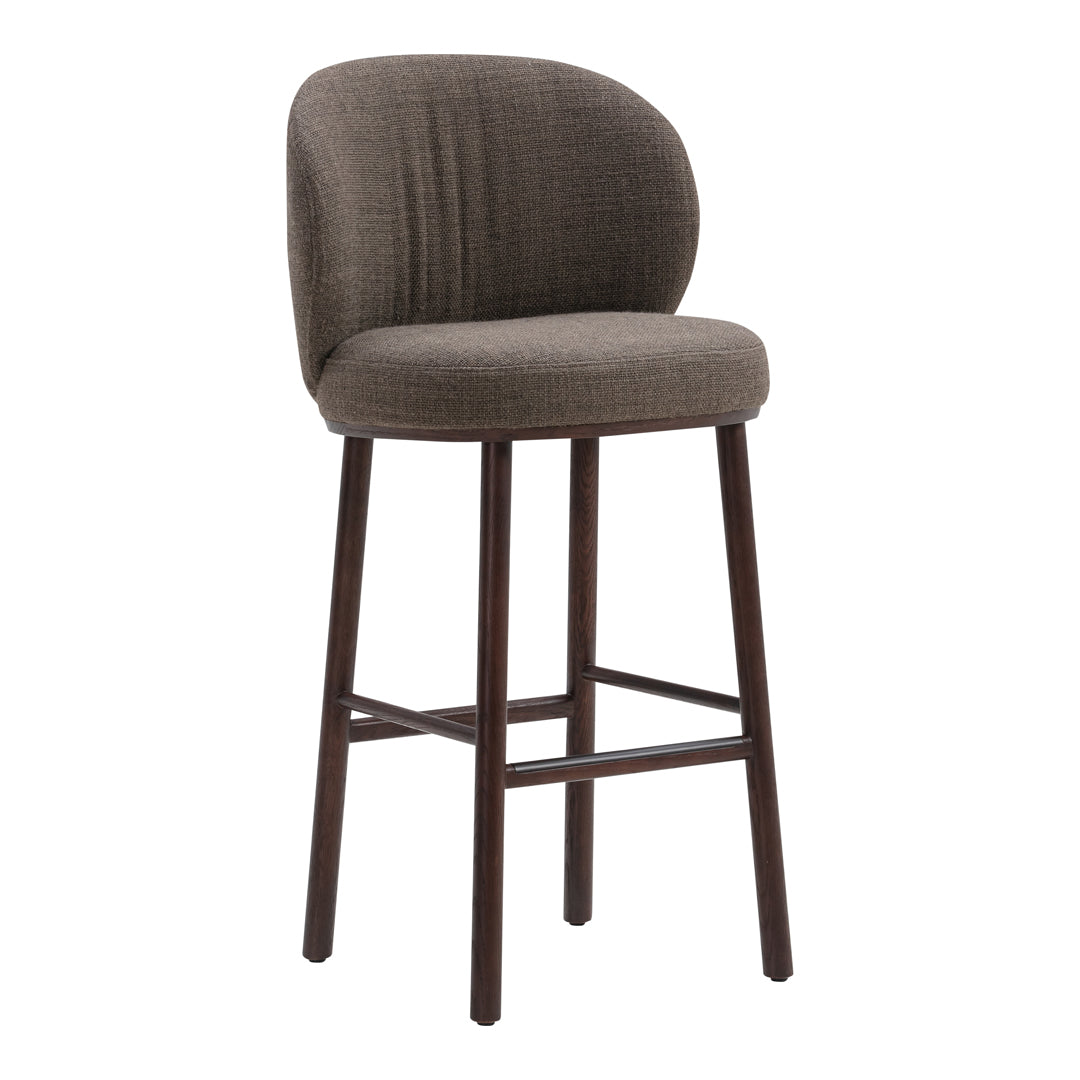 Brown upholstered bar stool with a textured pattern and dark wood legs, perfect for modern interiors.