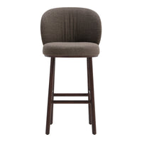 Brown upholstered bar stool with a smooth fabric pattern and wooden legs. 