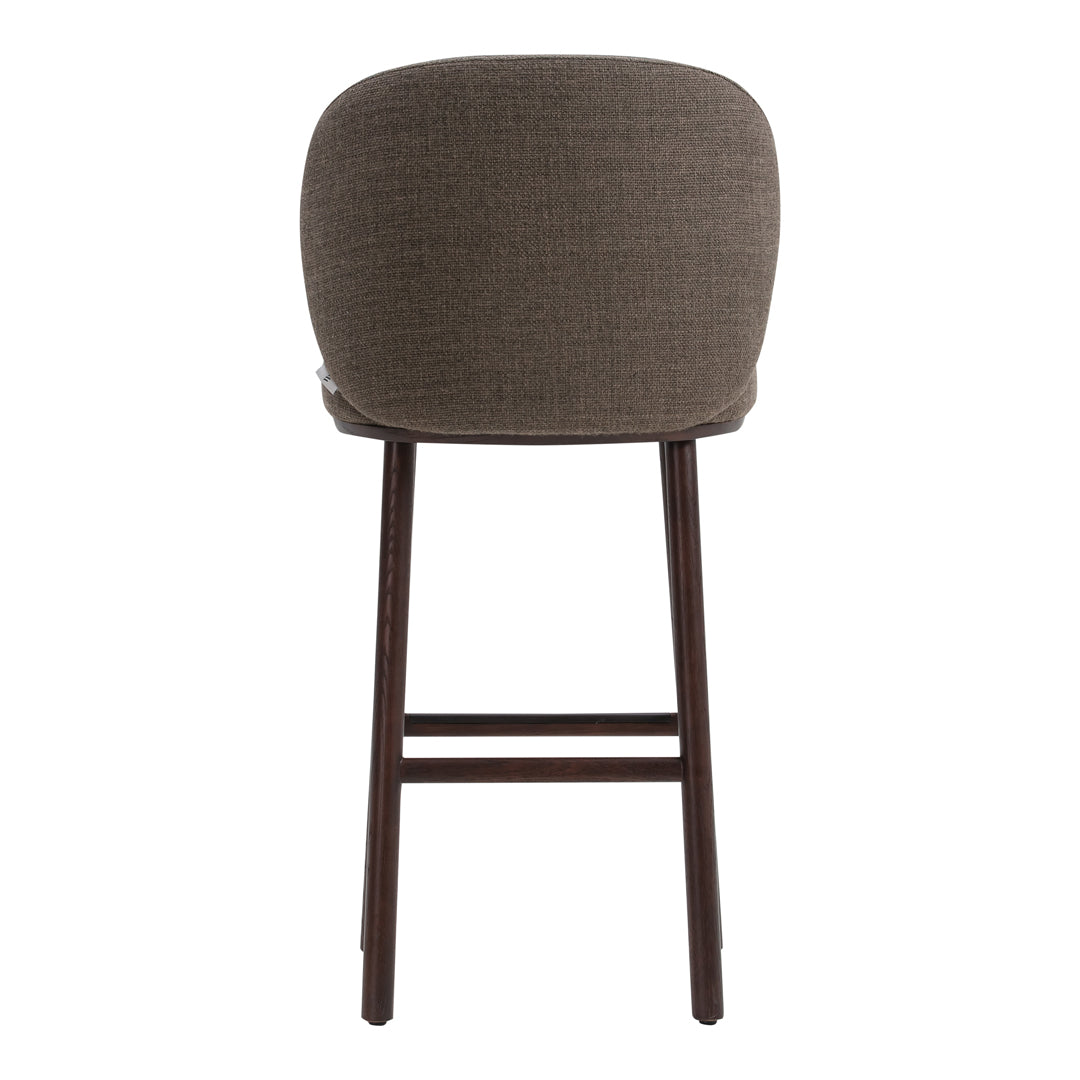 Brown upholstered barstool with a smooth, rounded back and dark wood legs. Modern, minimalist design.