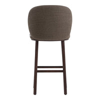 Brown upholstered barstool with a smooth, rounded back and dark wood legs. Modern, minimalist design.