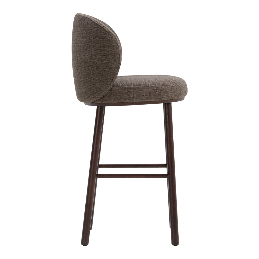 Brown upholstered barstool with a rounded back and dark wooden legs, featuring a simple, modern design.