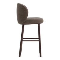 Brown upholstered barstool with a rounded back and dark wooden legs, featuring a simple, modern design.