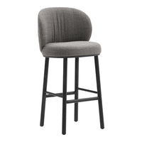 Gray upholstered bar stool with a rounded back and sleek black wooden legs, featuring a subtle textured pattern.
