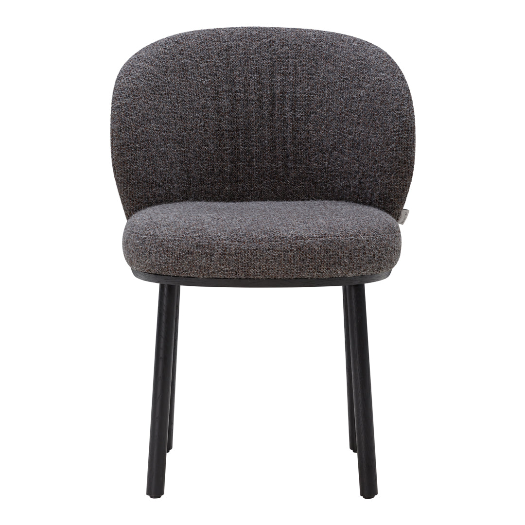 Gray upholstered chair with a subtle textured pattern, featuring sleek black wooden legs. Perfect for modern decor.