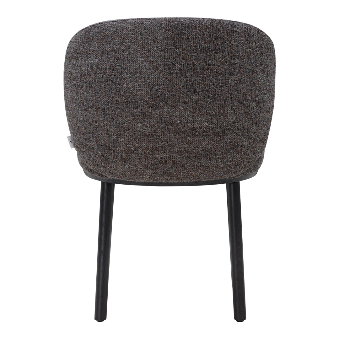 Brown textured upholstery with subtle gray flecks, complemented by sleek black legs. Ideal for modern decor.