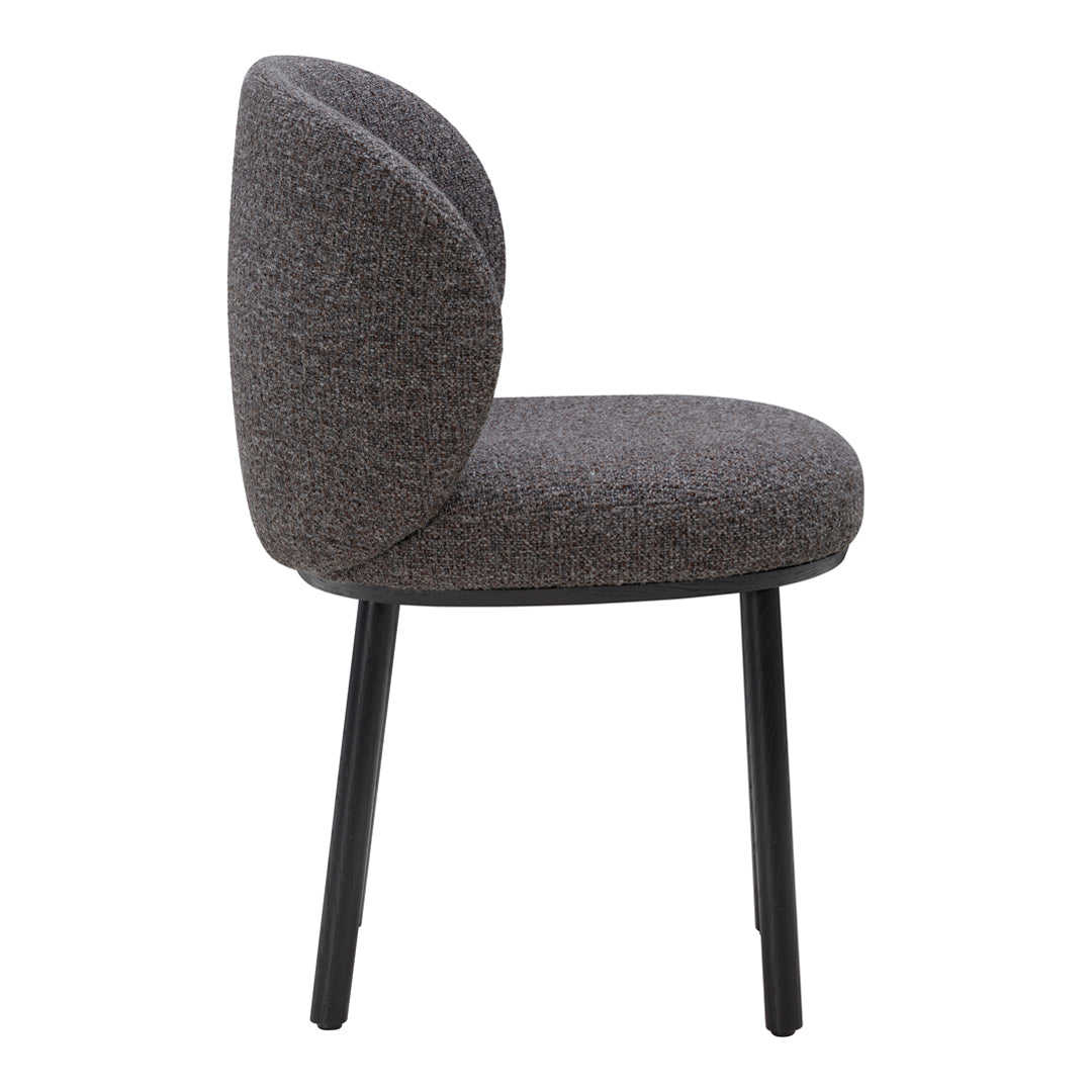 Gray upholstered chair with a rounded backrest and black legs, featuring a subtle textured pattern.