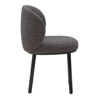 Gray upholstered chair with a rounded backrest and black legs, featuring a subtle textured pattern.