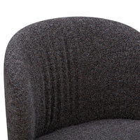 Textured gray fabric with subtle black and brown flecks, featuring gentle curved lines on the chair's backrest.