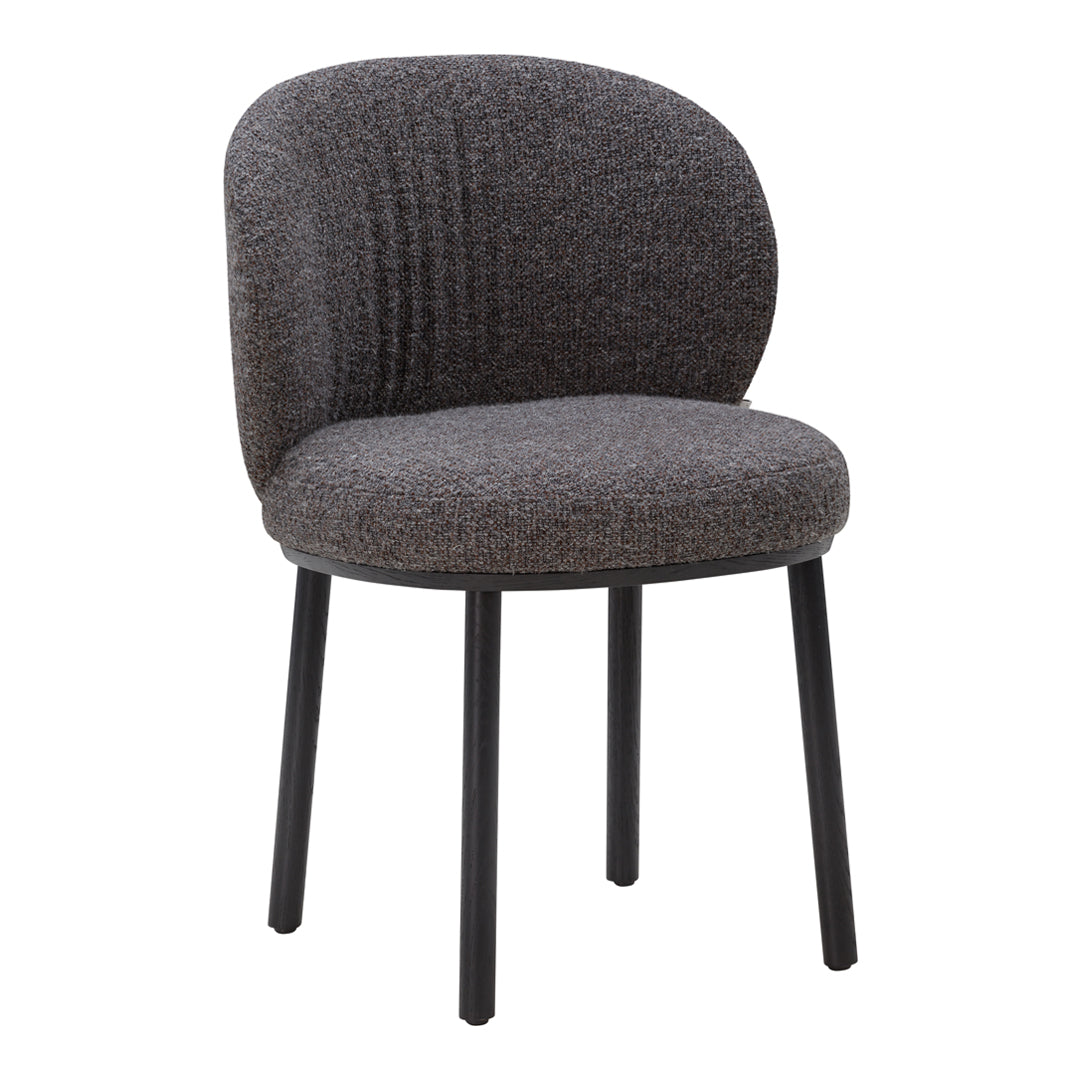 Gray upholstered chair with ribbed texture and black metal legs, perfect for modern decor.
