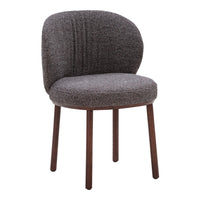Gray upholstered chair with textured fabric and wooden legs. Stylish and modern design for any decor.