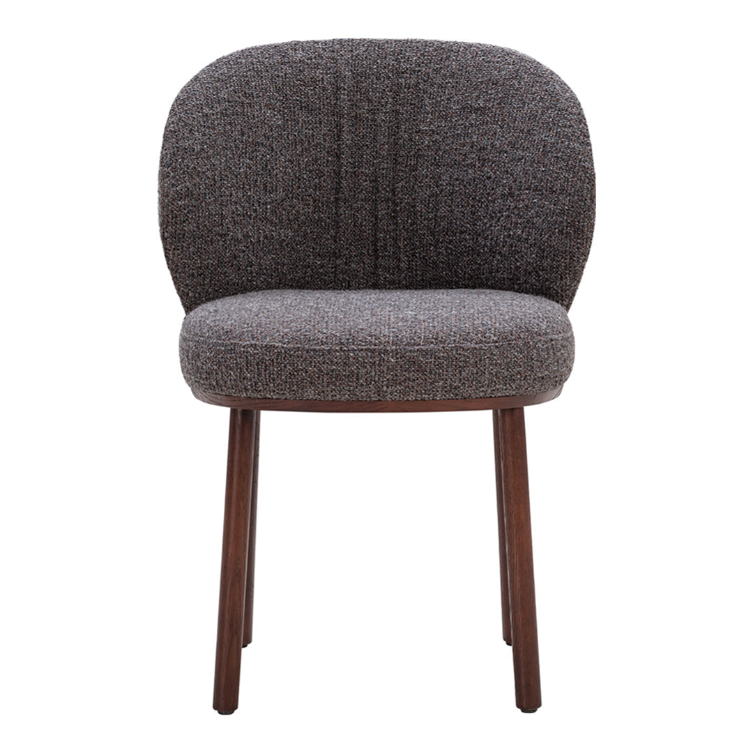 Grey textured fabric chair with a rounded back and wooden legs for a modern, cozy aesthetic.