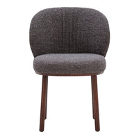 Grey textured fabric chair with a rounded back and wooden legs for a modern, cozy aesthetic.