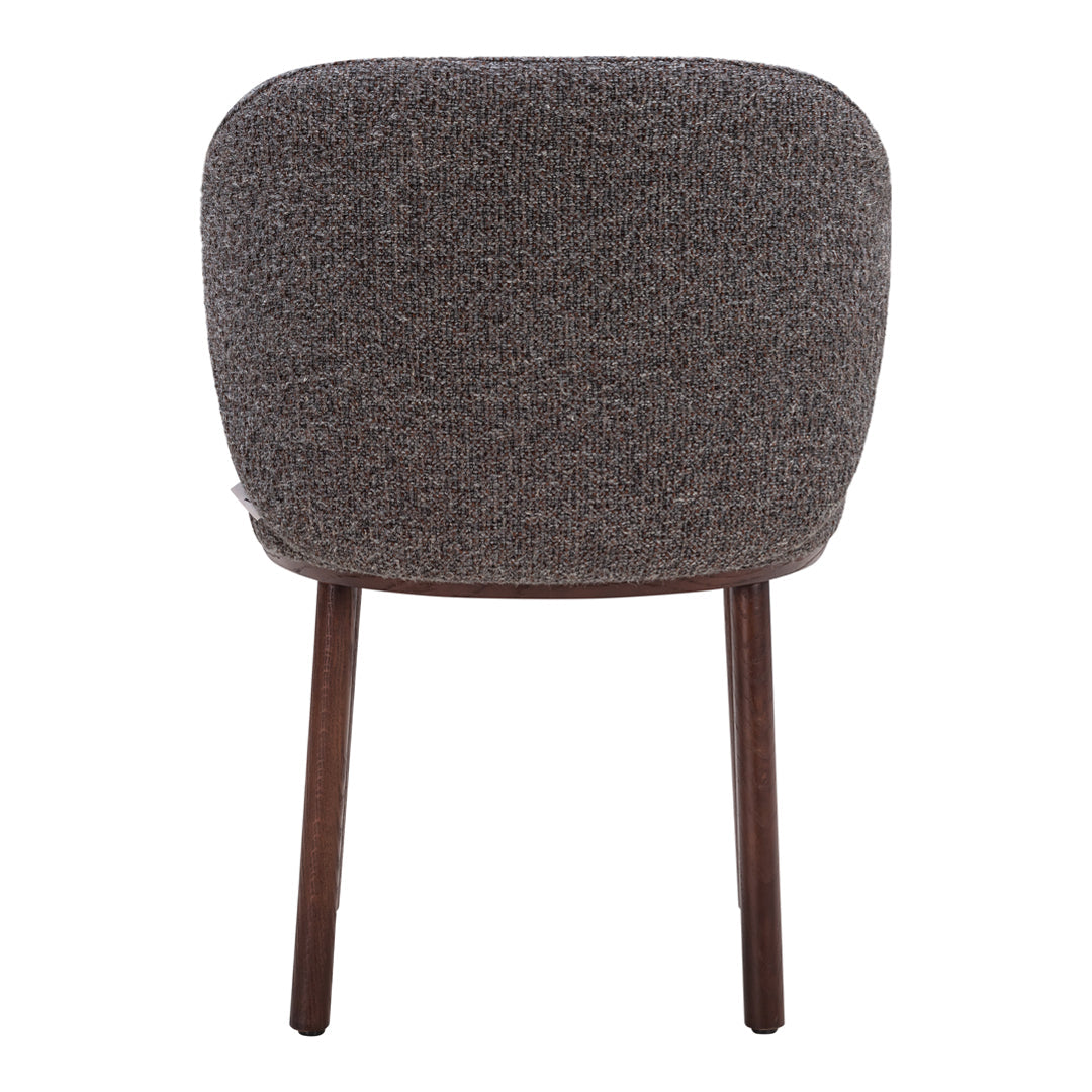Cozy gray upholstery with subtle textured pattern, complemented by warm wooden legs in rich brown.