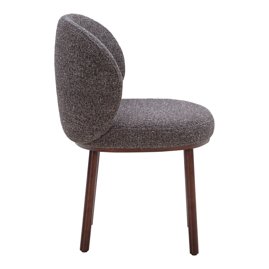 Gray upholstered chair with a textured, woven pattern and wooden legs, showcasing a modern, minimalist design.