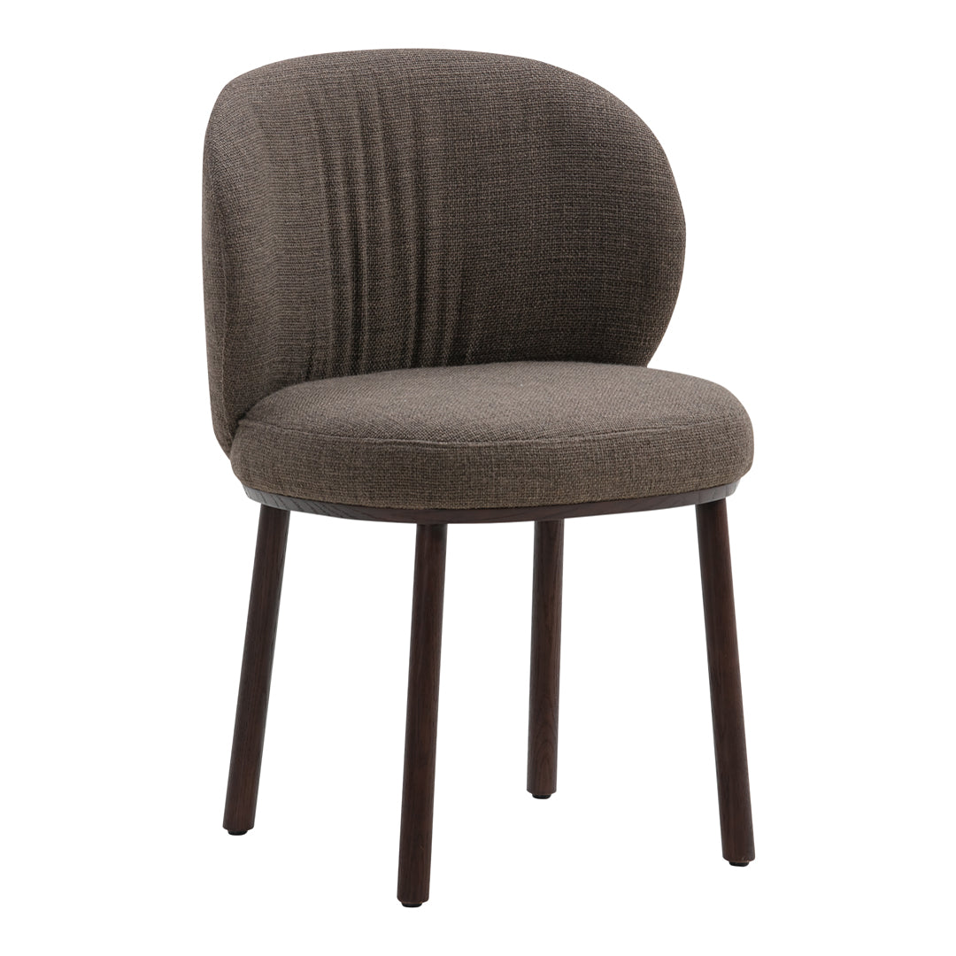 Brown upholstered chair with subtle ribbed texture and dark wooden legs, perfect for modern decor.