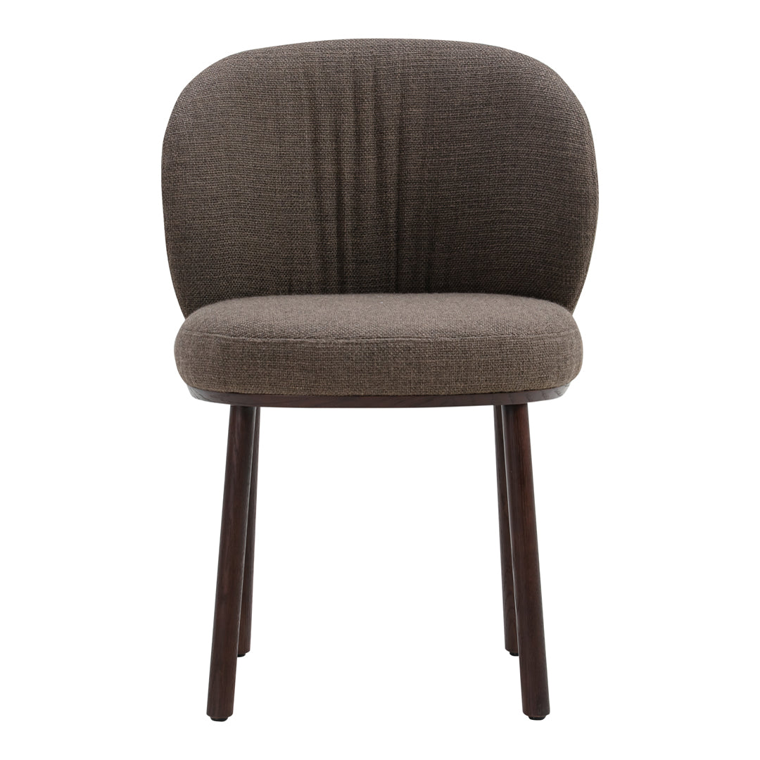 Brown upholstered chair with ribbed texture and dark wooden legs. Modern and versatile for any decor.