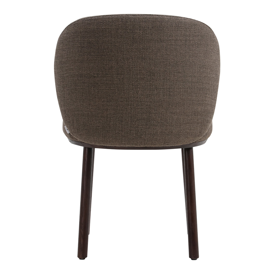 Brown fabric upholstered chair with wooden legs, featuring a smooth, subtle texture and minimalist design.
