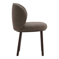Brown upholstered chair with a smooth texture and rounded backrest, set on dark wooden legs.