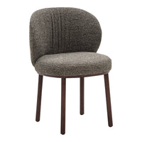 Gray textured upholstery chair with curved backrest and walnut-stained wooden legs. Perfect for modern interiors.