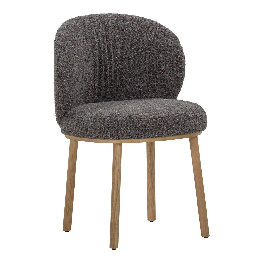 Gray upholstered chair with ribbed texture and natural wood legs, stylish and modern for any decor.