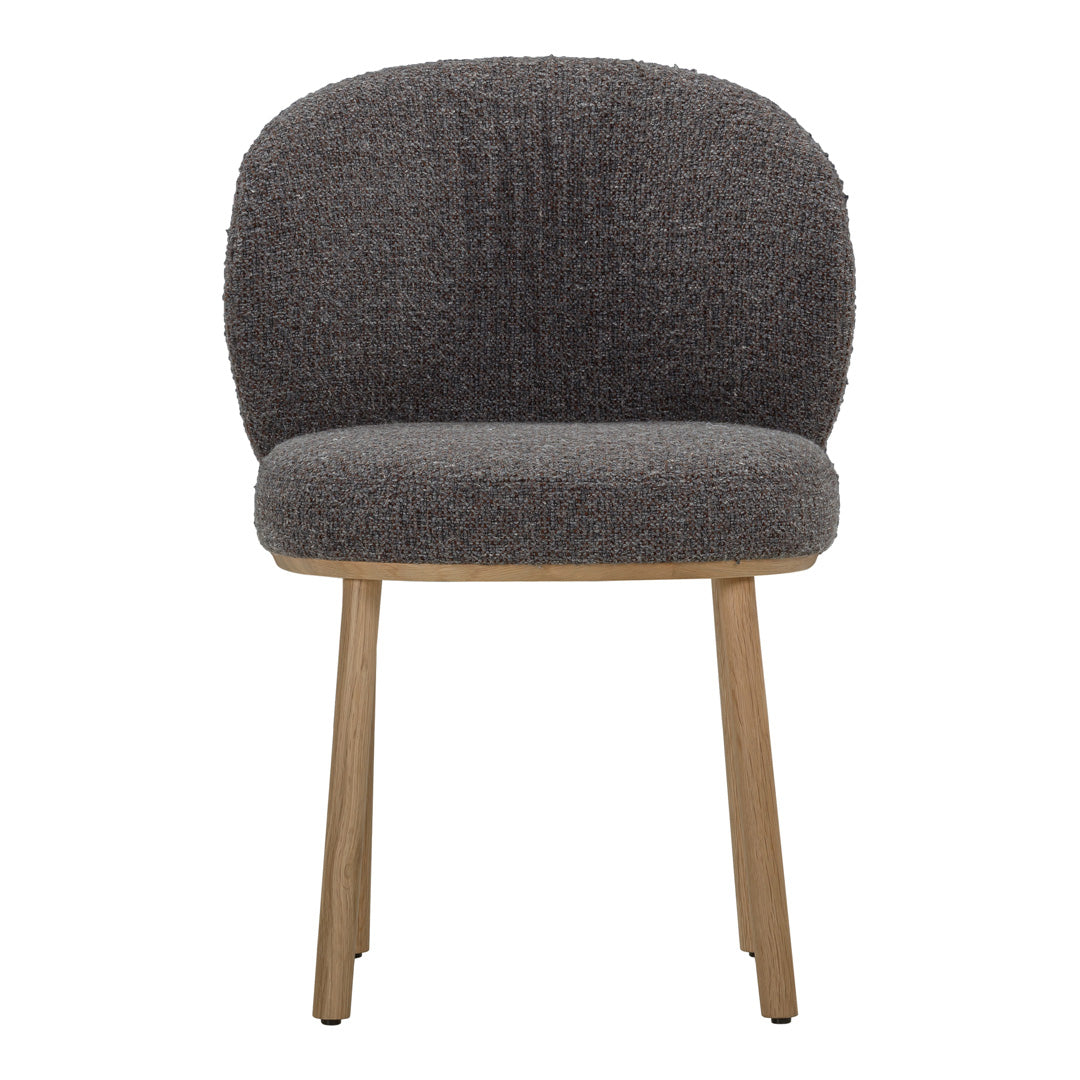 Gray textured upholstery chair with wooden legs, featuring a soft, rounded design for modern interiors.