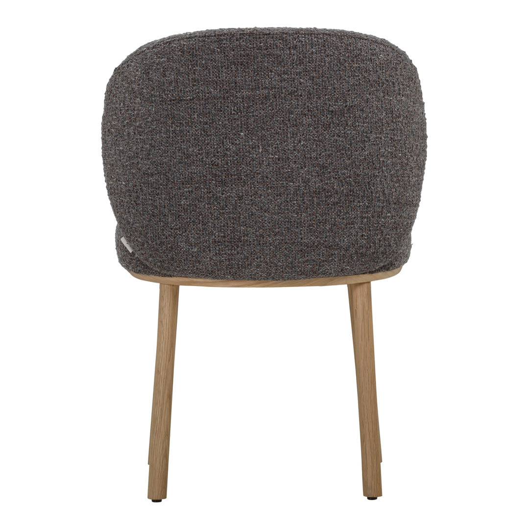 Gray textured upholstery chair with natural wood legs, featuring a smooth, rounded back. Perfect for modern decor.