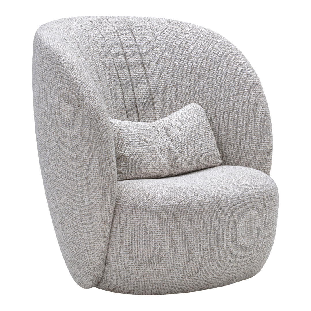 Light gray upholstered chair with subtle ribbed pattern and plush accent pillow, perfect for contemporary decor.