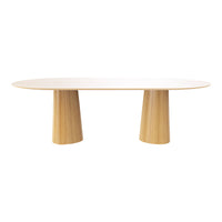 Light wood oval table with smooth, natural finish and tapered legs, showcasing warm beige and cream tones.