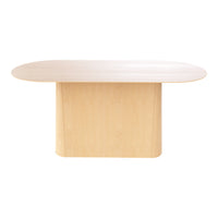 Light wood dining table with a smooth beige finish and minimalist oval shape, perfect for modern decor.