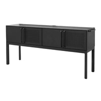 Sleek black sideboard featuring a smooth finish and woven-pattern doors for stylish storage.