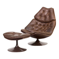 Brown tufted lounge chair with matching ottoman, featuring smooth curves and a glossy base for a modern aesthetic.