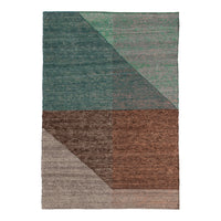 Multicolored area rug featuring geometric patterns in teal, green, brown, and beige tones. Perfect for modern decor.