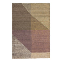 Multicolor geometric area rug featuring earthy tones of brown, beige, and soft purple in a modern design.