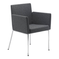 Gray upholstered chair with a minimalist design and chrome legs, featuring a sleek, textured fabric.