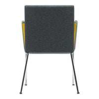 Back view of a modern chair featuring a dark gray fabric and vibrant yellow side panels, with sleek metal legs.