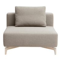 Light gray armchair with a textured fabric pattern and clean lines, complemented by a natural wood base.