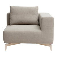 Light gray upholstered armchair with textured fabric and minimalistic design, featuring a wooden base.