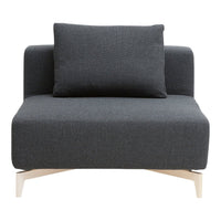 "Gray upholstered chair with a minimalist design, featuring a solid wood base and a matching cushion."