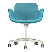 "Teal upholstered chair with smooth, curved lines and a sleek metal base, featuring a minimalist design."