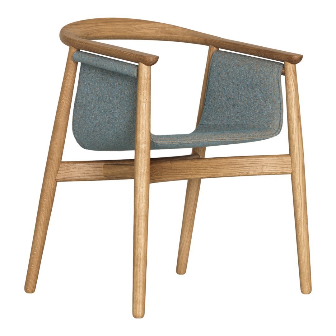 Light blue upholstered chair with natural wood frame and sleek, modern design. Ideal for contemporary spaces.