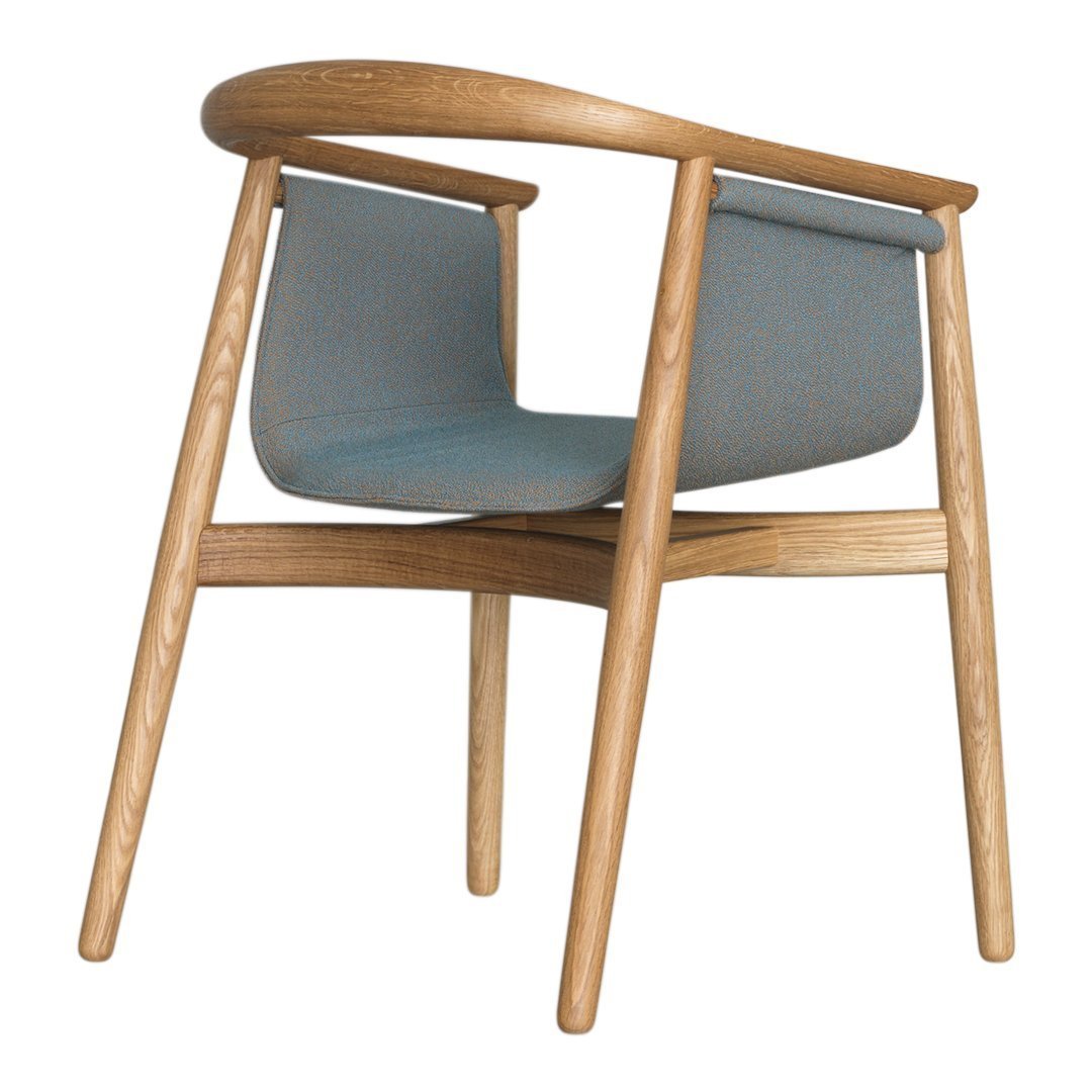 Light blue upholstered chair with natural wood frame, featuring clean lines and minimalistic design.