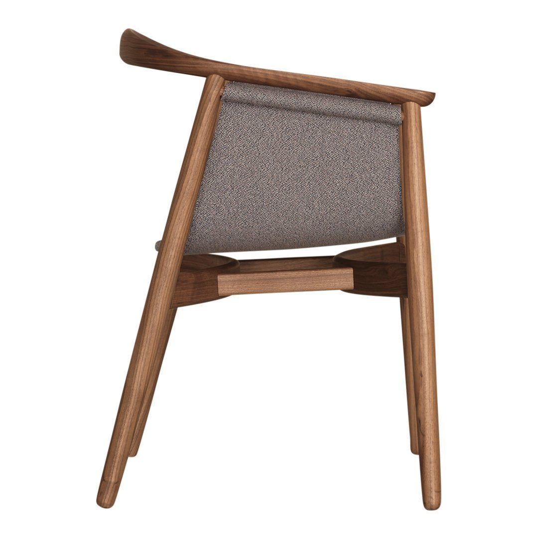 Stylish chair with a warm wooden frame and soft gray fabric back, featuring clean lines and modern minimalism.