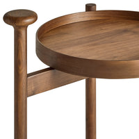 Round wooden side table with a rich walnut finish and smooth, minimal design. Perfect for modern decor.