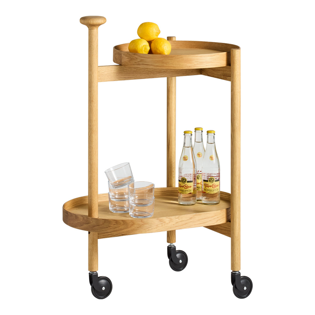 Natural wood finish with smooth curves and minimalist design; features a light tan color and round patterns.