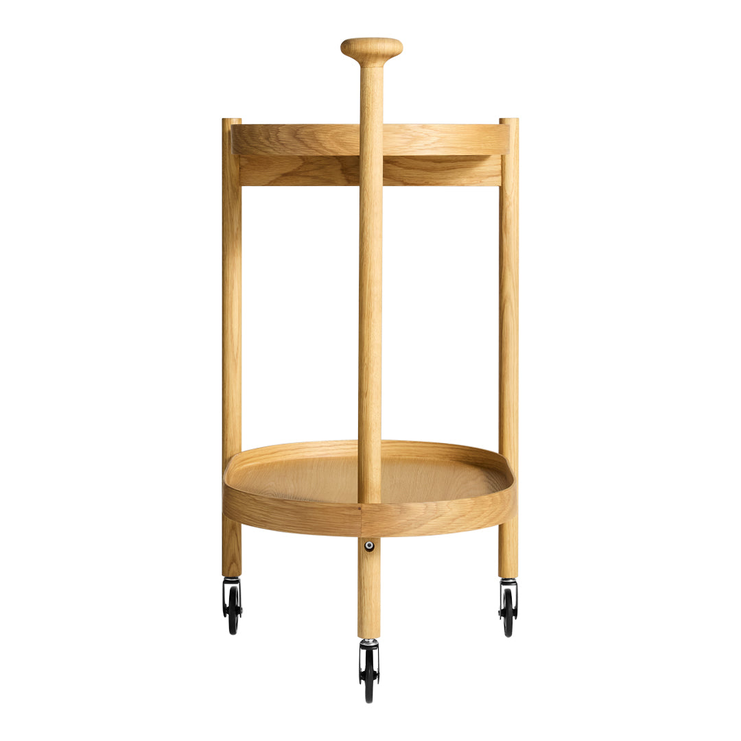 Natural light wood serving cart with a simple, modern design, featuring a round base and smooth handle.