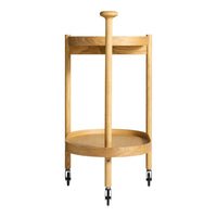 Natural light wood serving cart with a simple, modern design, featuring a round base and smooth handle.