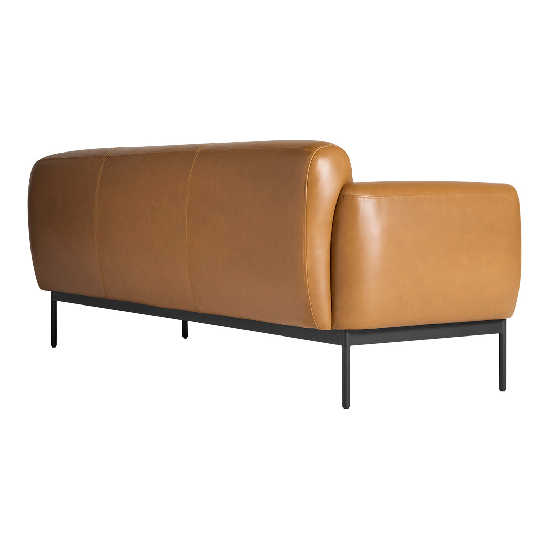 Brown leather sofa with smooth texture and minimalist black metal frame. Modern design, sleek and stylish.